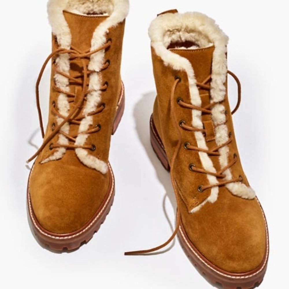 Madewell Chestnut Suede Shearling-Lined Lace-Up Booties